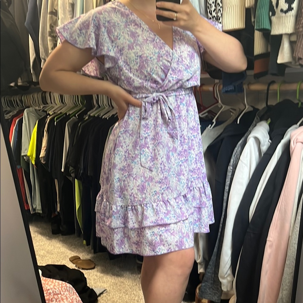SHEIN Purple Floral Wrap Midi Dress